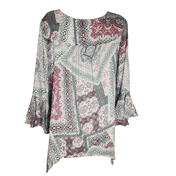 Haute Hippie Tribe Womens Top Medium Asymmetrical Bohemian Patchwork Bell Sleeve - Picture 2 of 11